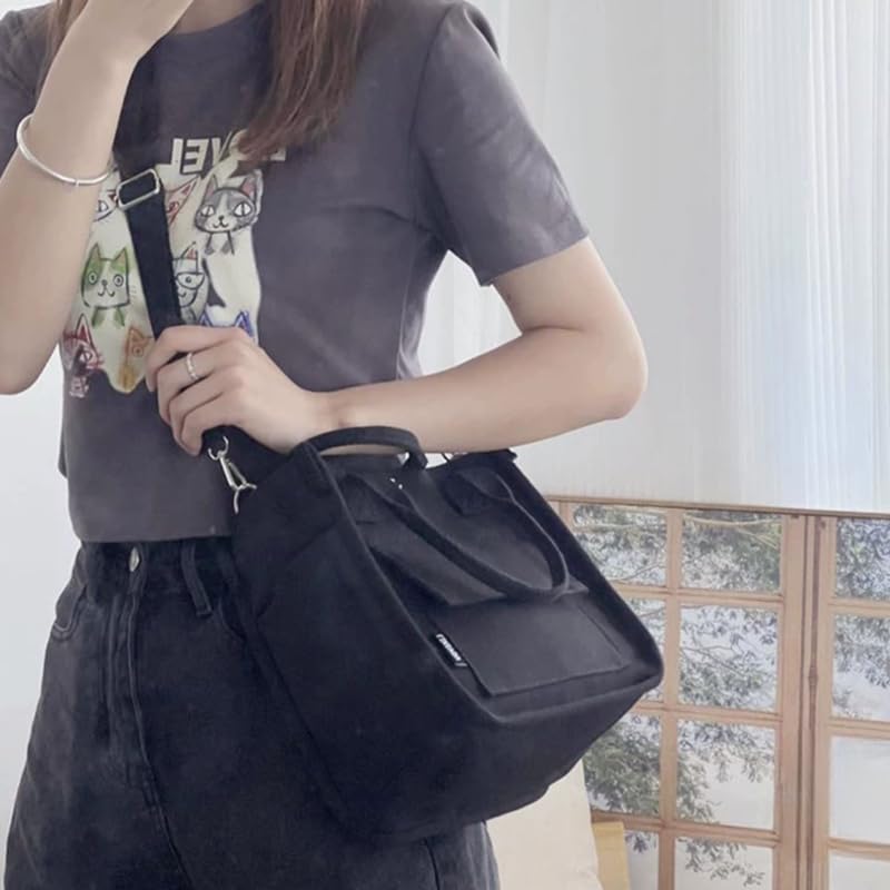 Bolso tote de lona versátil, bolso grande de hombro con múltiples bolsillos y correa desmontable, bordes pintados, material duradero, negro miniatura 2