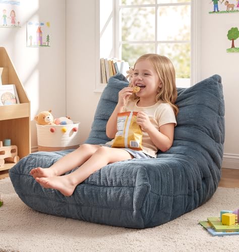 Image of Hobestluk Small Bean Bag Chair Faux Fur Fabric BeanBag Couch for Playroom | Bluegrey Plush,Ergonomic Design,Memory Foam,Strong Supportive,No Assembly Required,Decorative Style for Living Room Bedroom