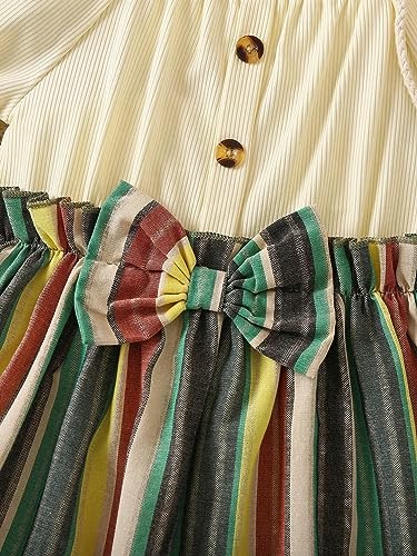 Image of TAGAS Toddler Girls Striped Print Puff Sleeve Bow Front Dress || Stripe Pattern Dress for Kids || A Line Dress || Puff Sleeve Dress for Kids || Casual Dress (KD-202)