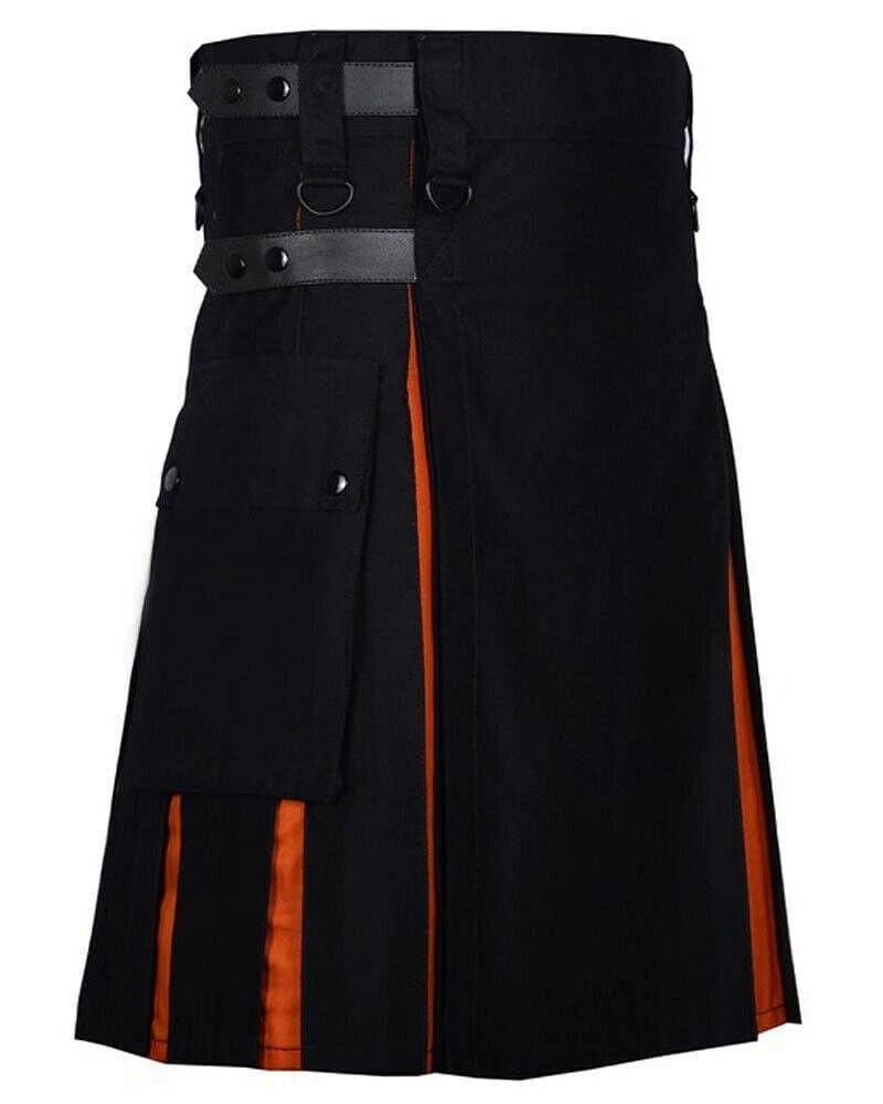 Modern Scottish Hybrid Kilt, Black and Orange, Pleated Design with Utility Pockets and Adjustable Straps (Black & Orange, 44 inches / 111 cm)
