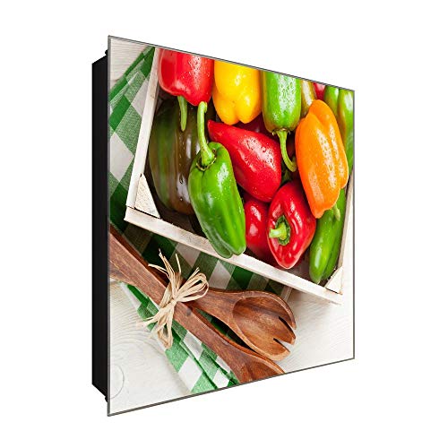 DekoGlas Paprika Mix Boîte à clés en Verre avec Crochets 30 x 30 cm