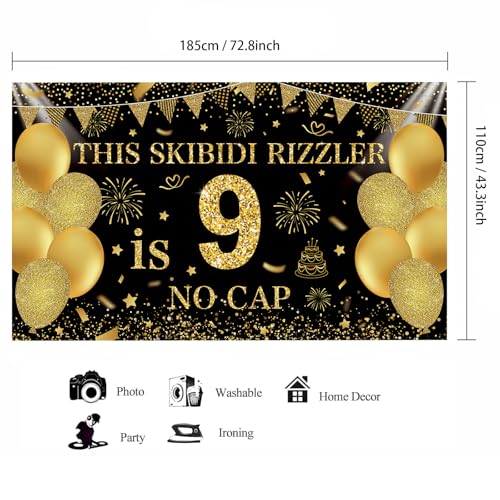 Image of Black Gold This Skibidi Rizzler is 9 No Cap Happy Birthday Backdrop Banner Photography Background Decorations for Boys Girls 9th Year Bday Party Accessories Supplies 72.8 * 43.3in