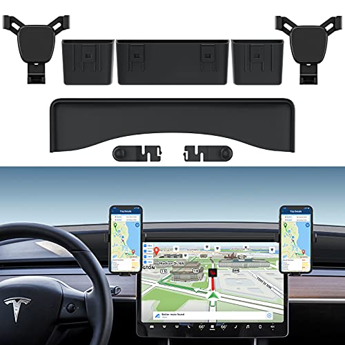 [Upgraded 2021] Lepow Tesla Phone Mount for Model Y Model 3 Monitor Tesla Accessories with 2 Adjustable Cellphone Holders 3 Storage Boxes Fixed Clip No Noise Fit Mobile Phones Up to 6.7  [Standard]