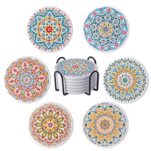 STARUBY Drink Coasters Set of 6 Ceramic Coaster Beautiful Absorbent Coaster Drink Mat with Cork Base Flower2 Patterns Round Coaster Non Slip for Coffee,Beer,Mug,Wine Glass Bottle,Home and Bar