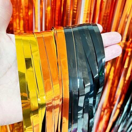 Image of 4 Pack Construction Foil Fringe Curtain-13.2x6.6ft Yellow Orange Black Tinsel Backdrop, Construction Theme Party Supplies for Car, Truck, Caution Tape, Boy Birthday Decoration, Baby Shower