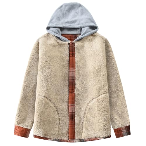 Image of Men's Cotton Plaid Shirt Jacket Fleece Flannel Sherpa Button Down