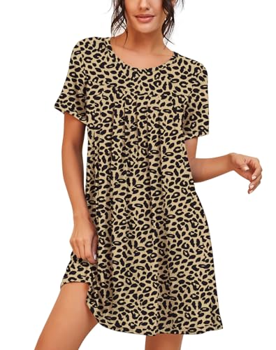 Image of PrinStory Nightgowns for Women Short Sleeve Night Gowns Pleated Sleep Shirt Ladies Nightshirt Soft Sleepwear