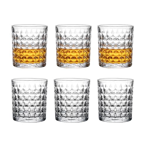 FUENYEJIA 6-piece set of glassware with diamond shaped grids, 9.5 ounce transparent glass cups, modern kitchen romantic beer, whiskey, juice, cocktail, coffee, water glass cups