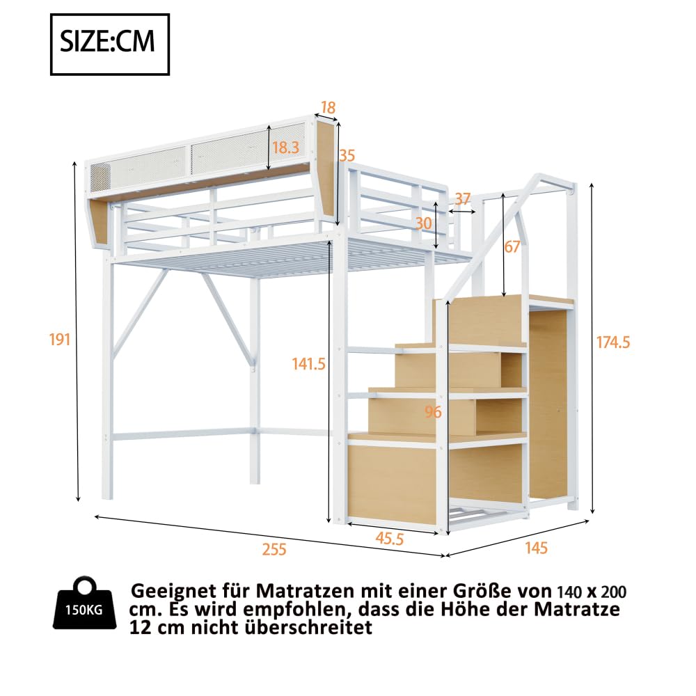Cama alta de 140 x 200 cm con estructura de metal, cama de matrimonio de 140 x 200 cm con escalera de seguridad y compartimento contenedor flexible, cama para niños, sin colchón, color blanco
