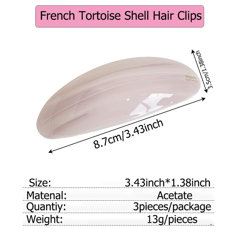 3 PCS Acetate Hair Barrette Large Vintage Hair Barrette for Women Prestige French Tortoise Shell Hair Clips Vintage Snap Hair clips Accessories Gifts for Thick Hair (Beige + Light Pink + Coffee) - Image 2