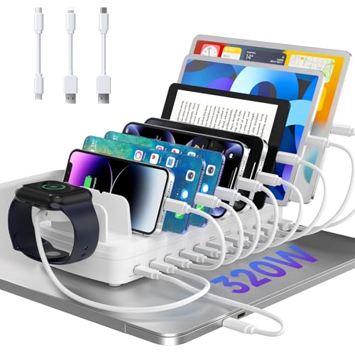 320W Charging Station for Multiple Devices, 10 Ports Fast Multi-Device Charger Organizer Compatible with MacBook Pro Laptop, iPhone, Android, Ipad, Tablet, Kindle, Family Multi-Device Charging Dock