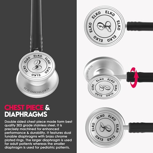 Image of ELKO TECHNO III SS Stainless Steel Stethoscope with ENGRAVING | Engrave Your Name or Initials on the Chest Piece | Lightweight Double-Sided Stainless Steel Chest piece | Two-Way PVC Tubing | Ideal for Doctors & Medical Students (Black)