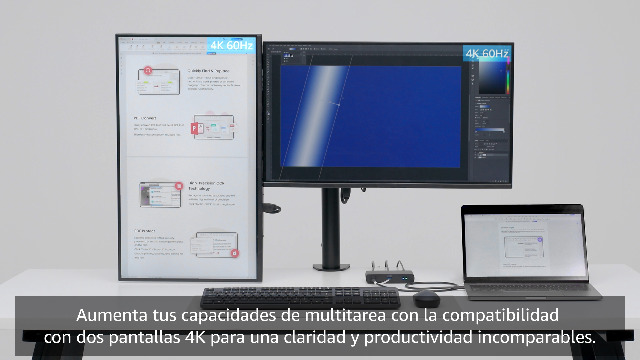 Configuración de escritorio con dos pantallas 4K conectadas a la estación de acoplamiento