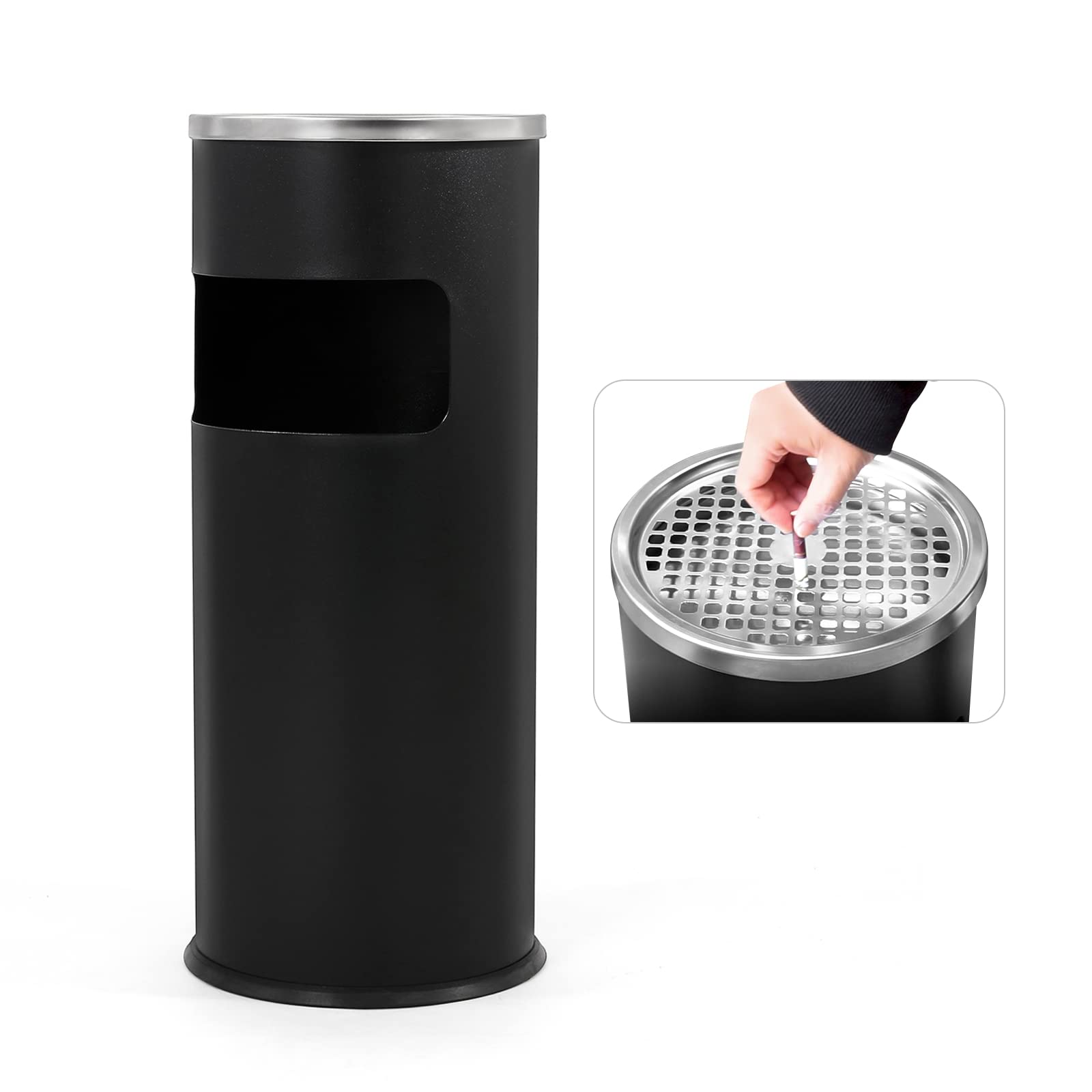 Trash Can Outdoor Waste Container Round Stainless Steel Trash Can with Removable Inner Bucket for Disposal Commercial Waste Container 9.8 x 24-Black