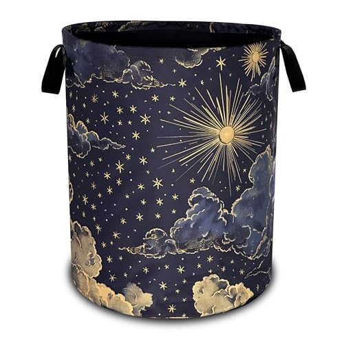 Image of Beautiful Sun Stars Moon Laundry Basket Oxford Cloth Clouds Laundry Hamper With Handle Foldable Portable Clothes Storage Basket 18.9 X 16.5 In Storage Bag For Laundry Room/Bathroom/Bedroom/Dormitories