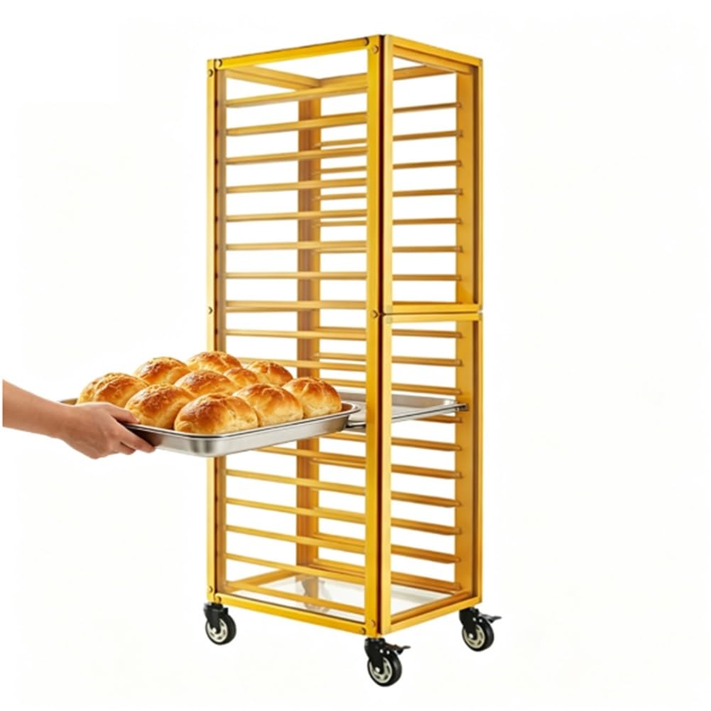 GRRICEPL Carrello Portateglie in Alluminio A 18 Livelli con Ruote, Attrezzatura per La Panificazione | Carrello Professionale Per Il Trasporto Di Teglie Da Pane, Scaffale Per Il Raffreddamento Post-cottura(Gold/B)