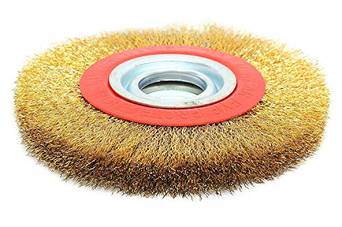 Image of Jon Bhandari Tools 6 inch Brass-Coated Golden Wire Wheel Brush For Grinder - Tough Crimped Steel with Adapter Rings - Rust & Paint Removal, Deburring, Polishing & Heavy-Duty Cleaning
