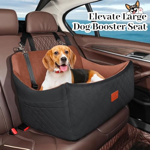 Wooaidagg Dog Car Seat for Medium Sized Dog Up to 55lbs,Super Soft Fabic Pet Car Seat Filling in Memory Foam, Car Dog Bed with Safety Belt Loops,Fully Detachable and Washable (Black/Brown,Large)