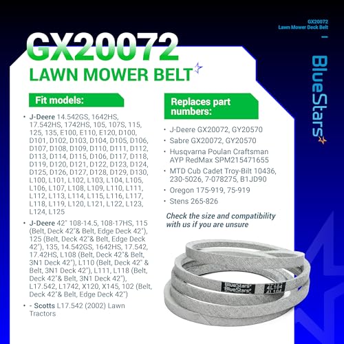 Image of BlueStars GX20072 GY20570 Lawn Mower Deck Belt | Aramid Cord | 104in x 1 /2 | Deck Belt for 42 inch John Deere Deck LA100 LA105 LA110 LA120 LA125 LA135 D130 D105 D110 S100 E100 Mowers