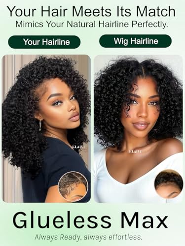 Image of KLAIYI Bye Bye Slip Afro Kinky Curly Precut 7x5Lace Front Wigs Human Hair Glueless Pre Plucked Bleached Knots Drawstring Bouncy Curls Ready to Wear and Go Wig with Finger Coil Ends 180%Density 18Inch
