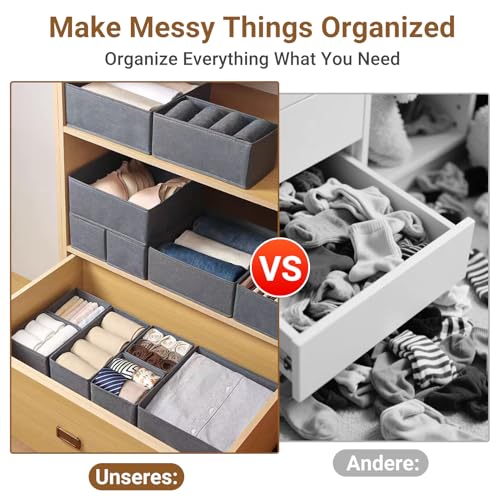 Strehknewen Schubladen Organizer 6er-Set – 3 Größen Faltbare Aufbewahrungsboxen mit Verstärktem Boden – Kleiderschrank Organizer für Unterwäsche, Socken, BHs & Accessoires – Atmungsaktiv, Grau