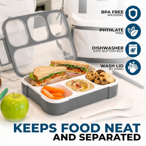 Image of kinsho Bento Box Lunch Boxes for Kids Adults, Meal and Snack Containers School Work Travel, 4 Divided Portion Control Compartments, Japanese Style, BPA Free, Utentils Included (Grey + Black, 2 Pack)