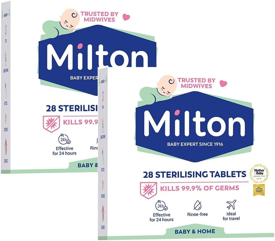 Milton Sterilising Tablets Pack of 2, 56 Tablets Rinse-Free Baby Bottle Steriliser Tablets for Baby Bottles, Breast Pumps, Dummies, Teethers & Feeding Accessories, Travel Friendly Hygiene Solution