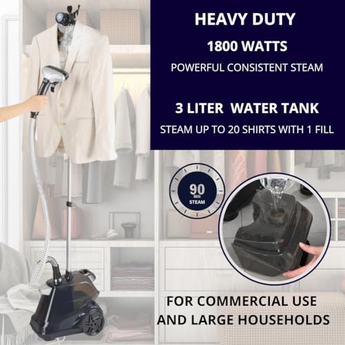 Image of SALAV Heavy Duty Commercial Full-Size Garment Steamer with Foot Pedals and Extra Large 3L (101.5 oz) Water Tank, 1800 watts of Poweful Steam (Navy)