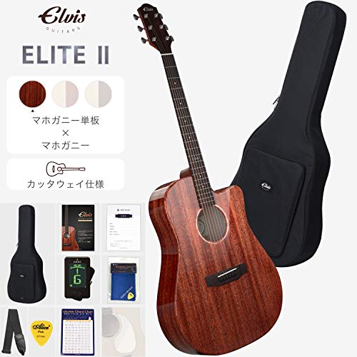 ELVISエルビス Elite-2(エリート2)アコースティック ギター【マホガニー材トップ単板】【カッタウェイ仕様】【付属品8点セット:国内保証書・チューナー・ピックガード・コードチャート・ピック・ストラップ・ポリシングクロース・純正ギグバッグ】MAC