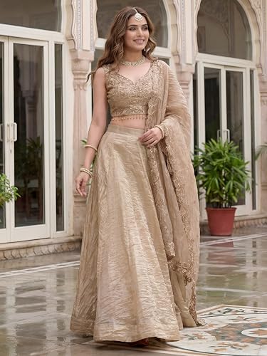 Image of Zeel Clothing Women's Zari Sequins Embroidered Work Crush Silk Lehenga Choli With Dupatta (5136-Golden-Women-Lehenga-Choli-Latest; Free size)