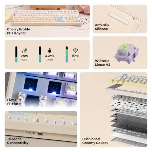 Image of EPOMAKER Galaxy100 Lite QMK /VIA Gaming Keyboard with 8000mAh Battery and Numpad, 1800 Aluminum Mechanical Keyboard, USB-C /BT /2.4Ghz, Hot-Swap, Creamy Sound (Creamy White, Wisteria Linear Switch)