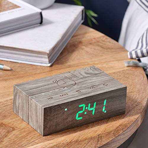 Gingko Flip Click Clock Led Alarm Clock Sound Activated With New Flip Technology, Rechargeable With Laser Engraved Touch Controls, Ash #TOP3