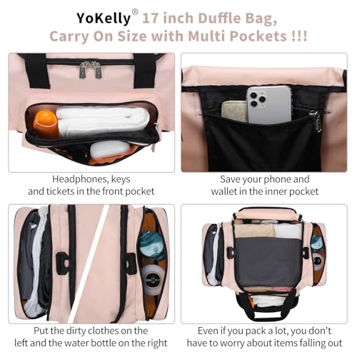Image of Small Gym Duffle Bag, 17 inch, Pink | Carry On Weekender Bag, Travel Sport, 17x10x9 in