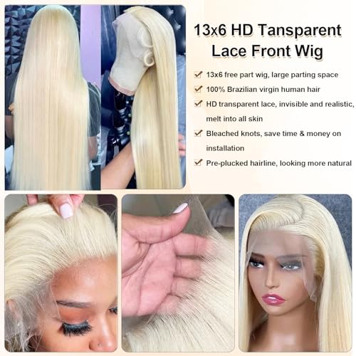 Image of 26 Inch Platinum Blonde Lace Front Wig Human Hair 13x6 HD Transparent Lace Frontal Pre Plucked 180% Density Wear and Go Glueless Wigs 6 Inch Deep Parting Brazilian Real Remy White Blonde Wig for Women