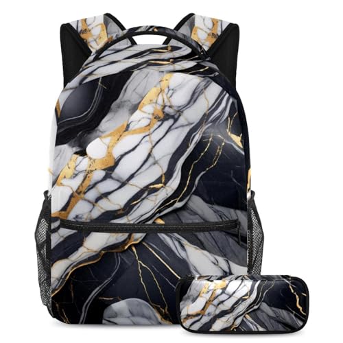 Sac à dos marbre noir 40cm avec trousse pour ados et enfants