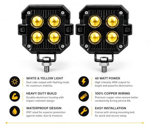Image of Thorax 40W Dual Color LED Fog Light for Bike & Car - Yellow & White Beam, 4 LED Projector Lens, Waterproof IP68, Universal Fit (12V-80V) - Pack of 2