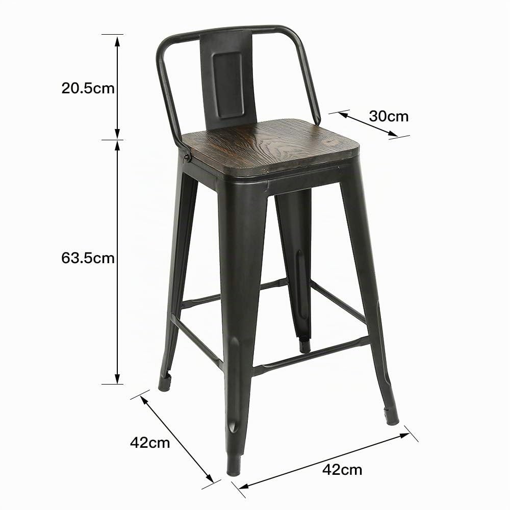 Lot de 4 Tabouret de Bar Metal,Tabouret Haut Industriel 84cm de Hauteur Assise avec Dossier et siège en Bois,pour Cuisine Bistrot Salle à Manger Intérieur et Extérieur,4 pièces (84 x 42 x 42 cm)
