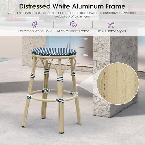 Image of PURPLE LEAF Outdoor French Round 30 inch Bar Stool Set of 2 Large Handwoven Wicker Backless Barstool White Print Aluminum Frame for Patio Kitchen Island Pool Bistro Rattan Chairs Deep Blue