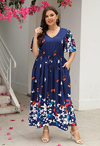 Image of Nemidor Womens Plus Size Maxi Dress Summer Boho Sundress Floral Print Flared Casual Long Dresses with Pocket