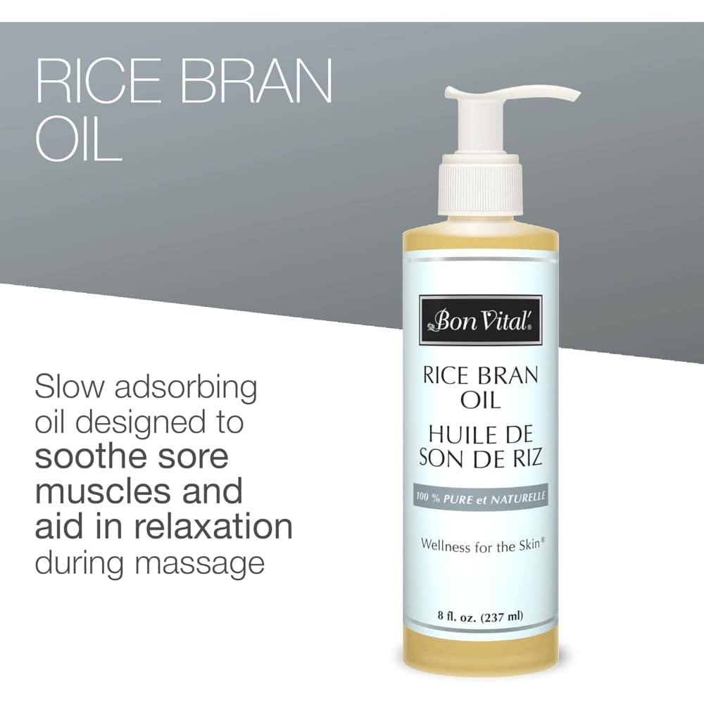 Bon Vital' Rice Bran Oil, 100% Pure and Cold Pressed Carrier Oils for Diffusers, Professional Massage Oil, Best Beauty Secret for Soft & Smooth Skin, Moisturizer & Sore Muscle Relief, 8 Ounce Bottle