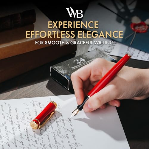 Image of Wordsworth & Black Luxury Fountain Pen Set for Writing, Medium Nib, Red | Gift for Men & Women, Brass Body, 18K German Iridium, Calligraphy, Converter + 24 Ink Cartridges, Refillable, Leak-Free