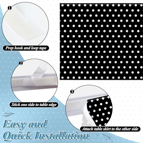 Image of 6FT Black Base White Polka Dots Table Skirt Teacher Desk Skirt for Black and White Classroom Decor Rectangle Table Cover for Back to School Party Supplies Kindergarten Office Dorm Bookcase Cabinet