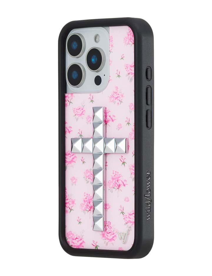 Image of Wildflower Cases - iPhone 16 Pro Compatible - Stud Cross Forget Me Not | Impact-Certified 6.5 ft Drop Protection Case, Raised Protective Bumper, Cute Aesthetic Design, Women-Owned Small Business