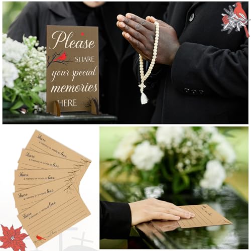 Image of Gilprop 112 Pcs Celebration of Life Memory Cards Set Share a Memory Cards with Box 2 Wood Sign with 4 Hold and 5 Pens, Sympathy Memorial Gifts Funeral Keepsake Decorations(Cardinal)