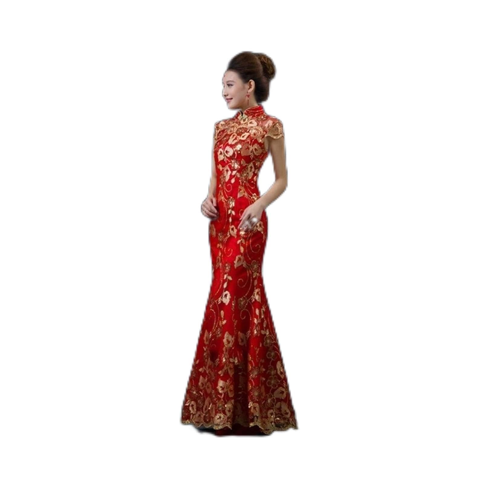 Vestido de Novia Chino Rojo para Mujer, Cheongsam Largo de Manga Corta, Dorado, Ajustado, Tradicional Chino, Qipao para Mujer, para Fiesta de Boda, cómodo