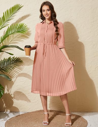Image of Women V Neck 3 /4 Sleeve Pleated A-Line Dress with Belt Swing Midi Dresses for Spring Summer Autumn
