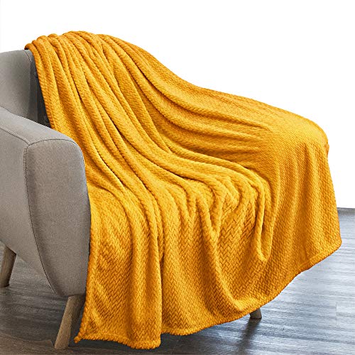PAVILIA Luxury Flannel Fleece Blanket Throw Mustard Yellow| Soft Decorative Jacquard Weave Microfiber Throw for Bed Sofa Couch | Velvet Textured Leaves Pattern | Lightweight Plush Cozy Warm | 50