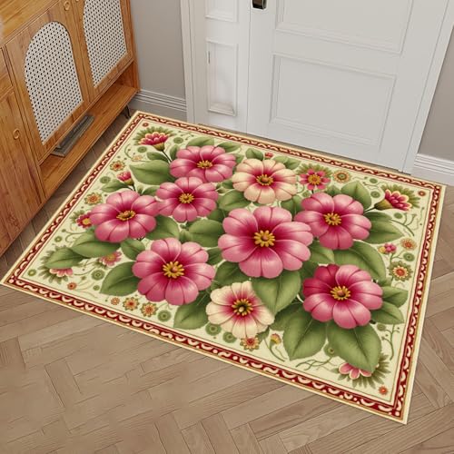 Tapis entrée antidérapant absorbant fleurs d'Inde rose vert