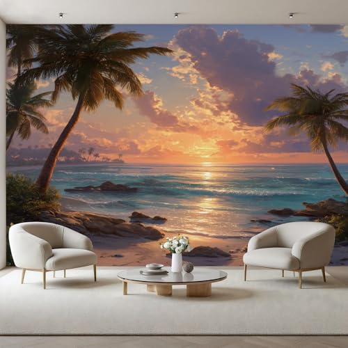 Papier Peint Intissé Panoramique Nature Plantes Palmiers 150x105cm(L X H), 3D Poster Geant Mural Personnalisé, Coucher De Soleil Sur La Plage Papier Peint...