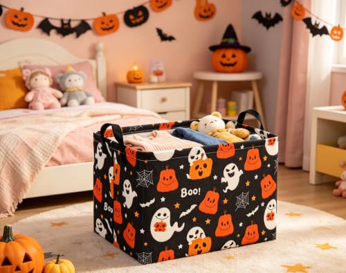 Image of Halloween Basket Cute Baskets for Kids Pumpkin Basket Rectangular Storage Bin Organizer Box Room Decor(Black Pumpkin Ghost)
